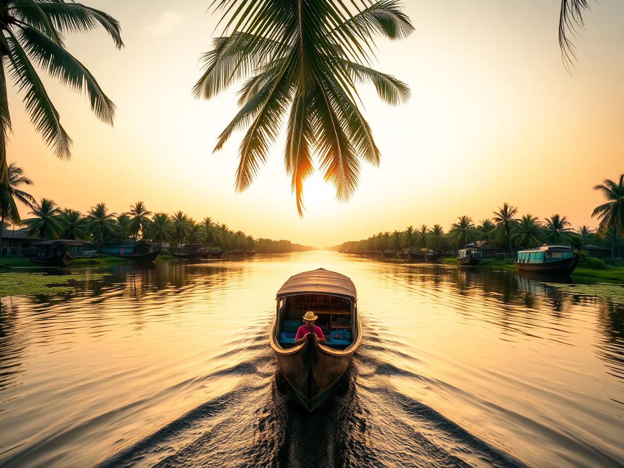 Houseboat on the Kerala backwaters at sunrise