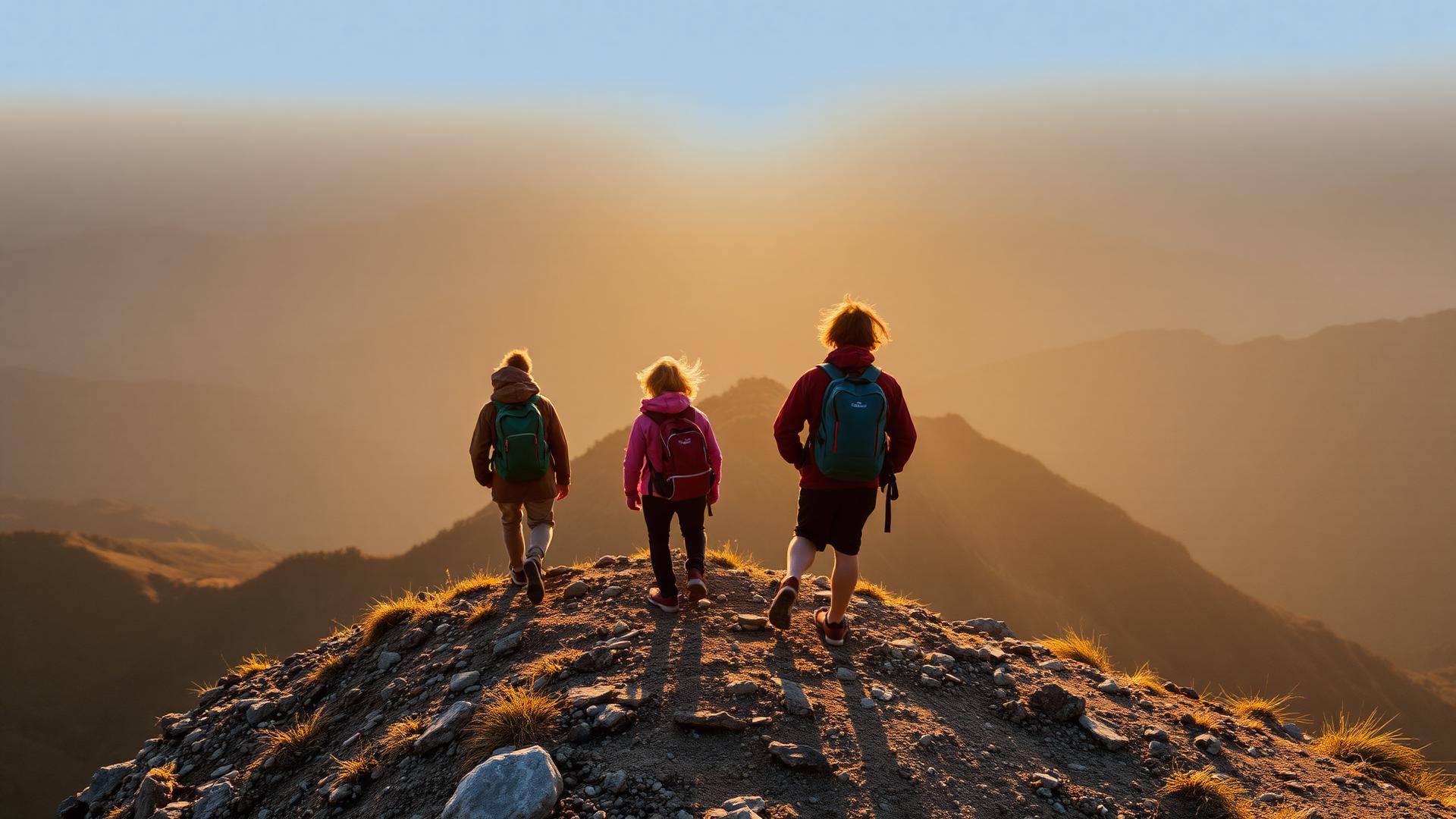 Travellers on a high Himalayan ridge at sunrise