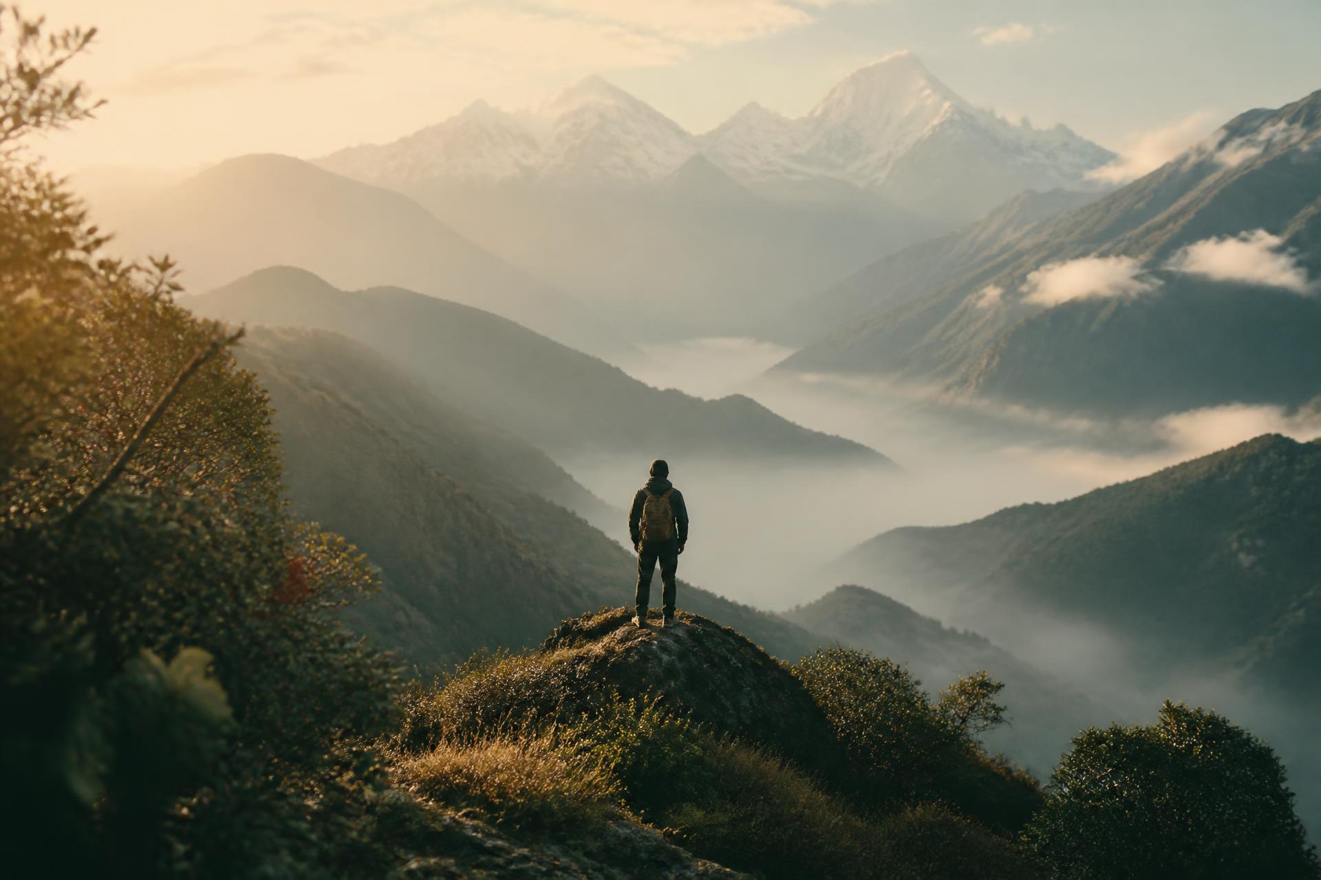 Traveller looking out over misty Himalayan ridges at sunrise